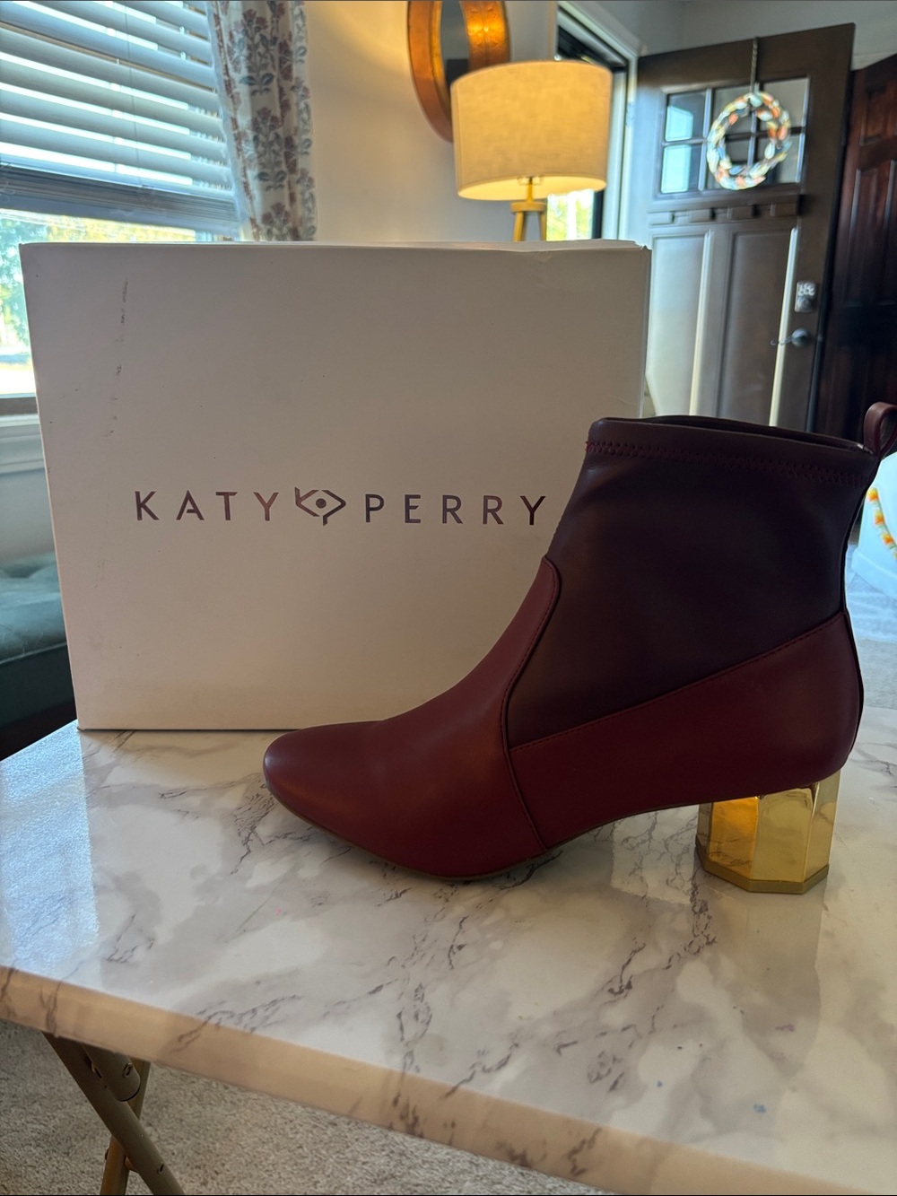 Katy Perry Collections Wine Burgundy Ankle Boots with Gold Block Heel